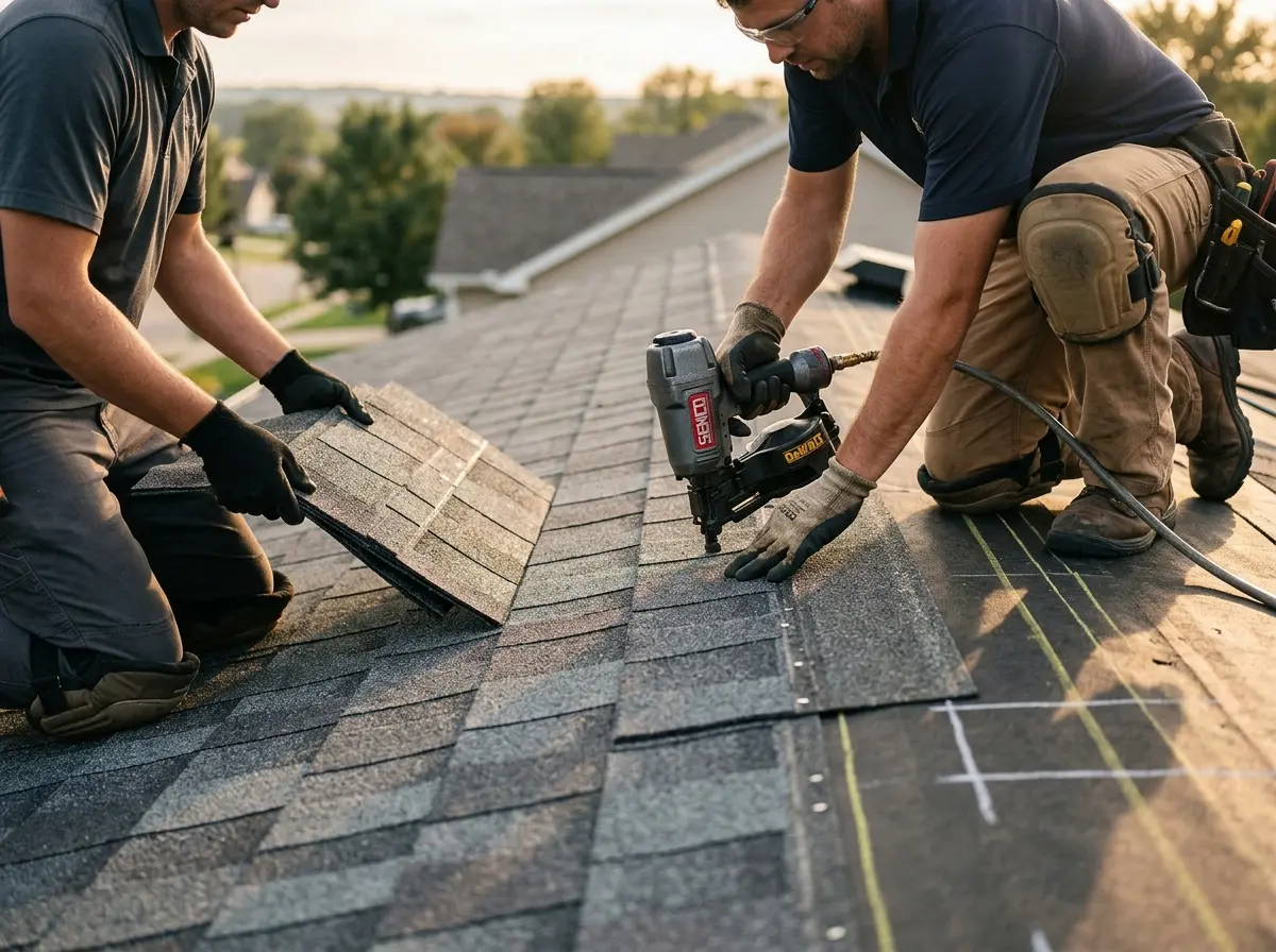 Professional roofer working on a residential roof in Walton
